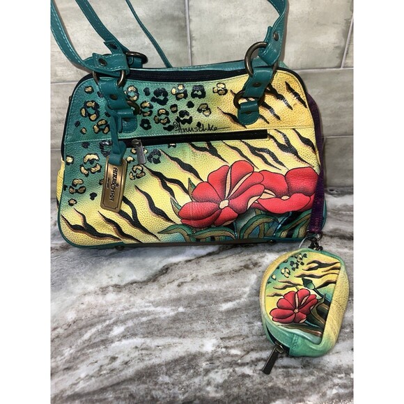 Anuschka Hand Painted Art Leather Tiger Leopard Hibiscus Satchel Purse W/Coin - Picture 1 of 16